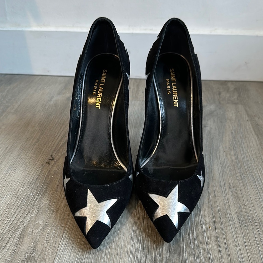 Saint Laurent Black Suede and silver Star Print Pumps